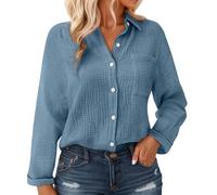Chemisier en mousseline de coton pour femmes avec boutons - Manches longues, blouse texturée crinkle avec poche, coupe décontractée légère pour l'été et superposition, bleu ciel, M