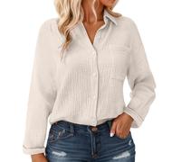 Chemisier en mousseline de coton pour femmes avec boutons - Manches longues, blouse texturée crinkle avec poche, coupe décontractée légère pour l'été et superposition, beige, L