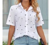 Chemisier en mousseline de soie d'été pour femmes, à manches courtes blanches, col cravate, imprimé cœur, boutonnage devant, ourlet régulier L,M,S,XL,XXLGéométriqueTissu tissé