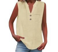 Chemisier en mousseline pour femme - Élégant - En lin - Sans manches - Col en V - Avec boutons - Chemise en lin légère et aérée - Haut d'été - Gilet ample en lin, jaune, XL