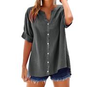 Chemisier en mousseline pour femme - Grandes tailles - Élégant - Manches courtes - Col en V - Chemisier en lin - Chemise de travail boutonnée - Chemise classique unie - Tunique légère et aérée, gris,