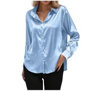Chemisier en satin à manches longues pour femme - Boutonnière élégante - Chemise ample unie, bleu clair, XXL