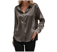 Chemisier en satin à manches longues pour femme - Boutonnière élégante - Chemise ample unie, gris foncé, XL