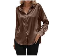 Chemisier en satin à manches longues pour femme - Boutonnière élégante - Chemise ample unie, marron, M