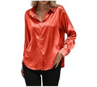 Chemisier en satin à manches longues pour femme - Boutonnière élégante - Chemise ample unie, Orange, XXL