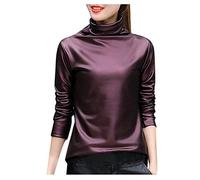 Chemisier en satin brillant pour femme - Haut en satin de soie - Pour femme - Chic - Manches longues - Couleur unie - Col roulé - Élégant - Manches longues - Chemise d'affaires - Tunique, Bordeaux,