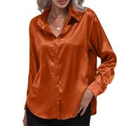 Chemisier en satin et soie à boutons pour femme - Blouse à col avec manches longues, chemisier doux et élégant pour le travail, décontracté, pour le bureau, haut de tunique, Orange, L