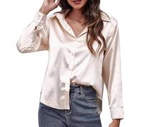 Chemisier en satin et soie à boutons pour femme - Blouse à col avec manches longues, doux, élégant, pour le travail, décontracté, pour le bureau, haut élégant, beige, XXL