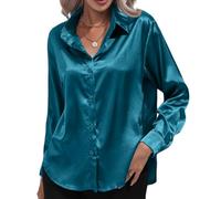 Chemisier en satin et soie à boutons pour femme - Blouse à col avec manches longues, doux, élégant, pour le travail, décontracté, pour le bureau, haut de tunique, Vert 2, M