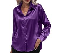 Chemisier en satin et soie à boutons pour femme - Blouse à manches longues avec col - Chemisier doux et élégant pour le travail au bureau - Tunique décontractée, violet, XXL
