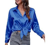 Chemisier en satin et soie à boutons pour femme - Blouse à manches longues avec col - Chemisier doux et élégant pour le travail et les affaires - Tunique décontractée, bleu marine, M