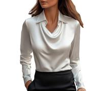 Chemisier en satin pour femme à manches longues et col bénitier - Chemisier d'été et d'automne décontracté - Couleur unie - Haut plissé brillant pour bureau, travail, réunion, blanc, 3XL