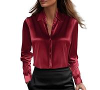 Chemisier en satin pour femme - Tissu semblable à la soie, manches longues boutonnées, haut décontracté d'affaires, look luxueux pour le bureau et les événements formels, bordeaux, XXL