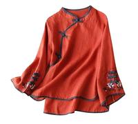 Chemisier en soie pour femme - Chemisier traditionnel chinois pour femme - Broderie coton et lin - Manches longues - Bouton grenouille - Haut Cheongsam - Chemisier festif en lin respirant, rouge, 3XL