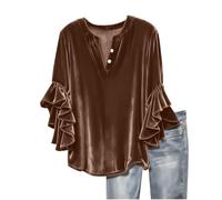 Chemisier en velours pour femme - T-shirt à manches 3/4 avec volants - Élégant bouton - Col en V - T-shirt habillé et décontracté en velours - Texture veloutée douce, marron, XL
