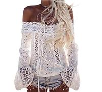 Chemisier Epaule Denudee Dentelle Chic Femme,Blouse Vintage Woman Pretty Ample Femme Sexy Mode Manche Longues Tops Blouse (M, Blanc)