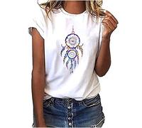 Chemisier Femme Blanc Motif Indien Perlé Imprimé Plumes Vintage Tee Shirt Col O Grande Taille Blouse Décontractée Femme Chic Manche Courtes Top Sexy élégant Haut Harajuku Chemisier Casual T-Shirt
