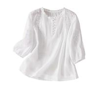 Chemisier Femme Brodé Coton Lin Blouse Manches Courtes Bouton Design Paysanne Boho Mexicain Style Tunique Top Casual T-Shirt pour le Quotidien et Sorties