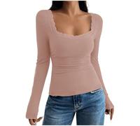 Chemisier femme broderie florale dentelle tunique sexy couleur unie t-shirt à manches longues col en U haut moulant accueil sous-vêtements côtelés t-shirt basique mince, Rose, L