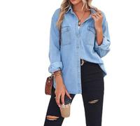 Chemisier Femme,Chemise en Jean Manches Longues pour Femmes Chemisier Délavé Chemises Hauts Décontractés Chemisiers Lâches (FR/ES, Alpha/Lettres, L, Taille Normale, Taille Normale