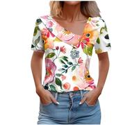 Chemisier Femme Chic Et Élégant avec Boutons T-Shirt Manches Courtes Col V Hauts Polyvalente Décontracté Imprimé Floral Blouse Grande Taille Mode Ample Casual Tops Lache Bureau Travail