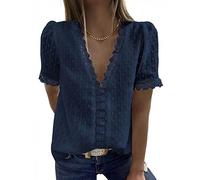Chemisier Femme Chic et Élégant Blouse Femme Col V Dentelle Manche Courte Top Femme Haut Chemise Femme ete Tunique Tee Shirt Femme Chemisiers et Blouses Femme Haut Blanc Femme Chic