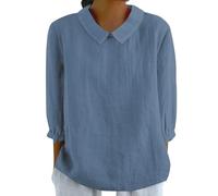 Chemisier Femme Chic et élégant Chemise en Coton Lin à Manche 3/4 Fleurs Décontracté Blouse Ample Printemps Eté Tunique Col Rond Casual Top #02Bleu M