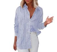 Chemisier Femme Chic Et éLégant, Chemise Femme Rayée Boutonnée Col Montant Chemise Ample DéContractée à Manches Longues avec Poches Haut De Chemise De Travail Classique, Bleu, M