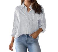 Chemisier Femme Chic Et éLégant, Chemise Femme Rayée Boutonnée Col Montant Chemise Ample DéContractée à Manches Longues avec Poches Haut De Chemise De Travail Classique, Gris, M