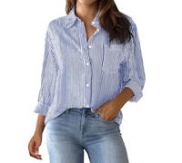 Chemisier Femme Chic Et éLégant, Chemise Femme Rayée Boutonnée Col Montant Chemise Ample DéContractée à Manches Longues avec Poches Haut De Chemise De Travail Classique, Bleu, L