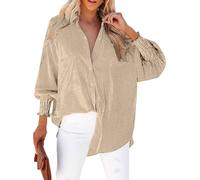 Chemisier Femme Chic Et éLégant, Chemise Femme Rayée Boutonnée Col Montant Chemise Ample DéContractée à Manches Longues avec Poches Haut De Chemise De Travail Classique, Kaki, XL