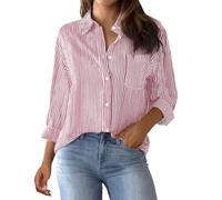 Chemisier Femme Chic Et éLégant, Chemise Femme Rayée Boutonnée Col Montant Chemise Ample DéContractée à Manches Longues avec Poches Haut De Chemise De Travail Classique, Rouge, M