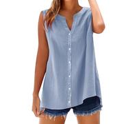 Chemisier Femme Chic et Élégant Chemisiers et Blouses Coton Lin D'Été sans Manches Coupe Fluide Respirant Col en V Bouton Lâche Respirant Décontracté Légère Unie Tunique Tops pour Tenues Estivale