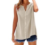 Chemisier Femme Chic et Élégant Chemisiers et Blouses Coton Lin D'Été sans Manches Coupe Fluide Respirant Col en V Bouton Lâche Respirant Décontracté Légère Unie Tunique Tops pour Tenues Estivale
