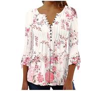 Chemisier Femme Chic et Élégant Manches 3/4 Tshirt Imprimé Plissé Henley Tshirt Col V Blouse Mousseline de Soie Boheme Haut Manche Courte Tunique Été Plage Travail Tunique Top