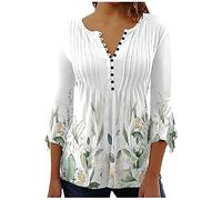 Chemisier Femme Chic et Élégant Manches 3/4 Tshirt Imprimé Plissé Henley Tshirt Col V Blouse Mousseline de Soie Boheme Haut Manche Courte Tunique Été Plage Travail Tunique Top