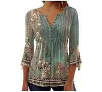 Chemisier Femme Chic et Élégant Manches 3/4 Tshirt Imprimé Plissé Henley Tshirt Col V Blouse Mousseline de Soie Boheme Haut Manche Courte Tunique Été Plage Travail Tunique Top