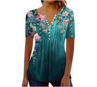 Chemisier Femme Chic et Élégant Manches Courtes Tshirt Chemisiers Et Blouses Grande Taille Imprimé Plissé Henley Tunique Tops Col V Blouse de Soie Boheme Haut Tunique Été Tee Shirt Femmes Solde