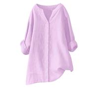 Chemisier Femme Chic Et Élégant Tunique avec Boutons Manches Longues Coton Lin Blouse Couleur Unie Longue Chemise Grande Taille Col en V Haut Léger et Respirant T-Shirt Coupe Ample Tops