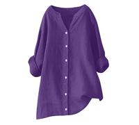 Chemisier Femme Chic Et Élégant Tunique avec Boutons Manches Longues Coton Lin Blouse Couleur Unie Longue Chemise Grande Taille Col en V Haut Léger et Respirant T-Shirt Coupe Ample Tops