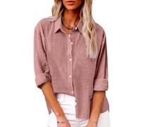 Chemisier Femme Chic et élégant,Women's Solid Color Stand Up Collar Cotton and Line Long Sleeved Shirt Blouse Haut Transparent (Pink, XL)