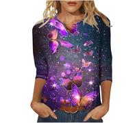 Chemisier Femme Chic et Élégante T-Shirt Manches 3/4 Tee Shirt Imprimé Papillons Blouse Été Col Rond T Shirt Haut Coupe Ample Tunique Tshirt Léger et Respirant Sport Tops