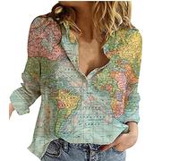 Chemisier Femme Chic Sexy Chemise en Coton Lin à Manche Longue Décontracté Blouse Ample Printemps Eté Tunique Carte du Monde Col V Casual Top Haut T-Shirt Lâche Respirant Fermeture Boutonnée