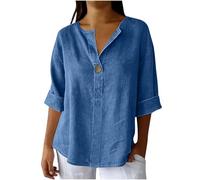 Chemisier Femme Col en V Chic et Élégant Haut à Demi-Manche Été Mode Tee Shirt Blouse Ample Décontracté et Uni Tunique Fluide Oversize Top avec Boutons Vêtement pour Jeune Fille