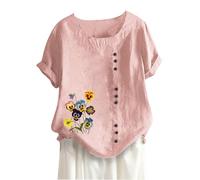 Chemisier Femme Coton Lin Chic et élégant Chemise Lin Femme été T-Shirts à Manches Courtes Décontracté Pas Cher Col V Grande Taille Casual Imprimé Fleur Respirant Tunique Tops Haut Blouse