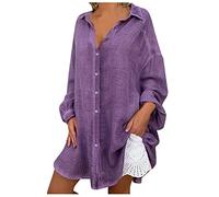 Chemisier Femme en Coton Lin Chic Sexy Long Baggy Chemise à Manche Longue Décontracté Blouse Ample Printemps Eté Tunique Femme Longue Col V Boutonnée Oversize Top Haut Lâche Respirant