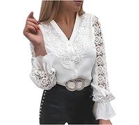 Chemisier Femme en Dentelle Blousons Manches Longues Border Creux Out Solide Tops Col Rond avec Bouton de Perle Élégant Tunique pour Décontractée Travail Quotidienne