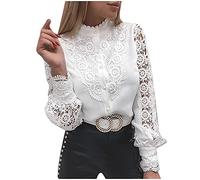 Chemisier Femme en Dentelle Blousons Manches Longues Border Creux Out Solide Tops Col Rond avec Bouton de Perle Élégant Tunique pour Décontractée Travail Quotidienne