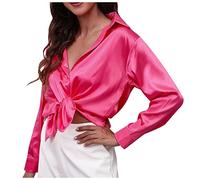 Chemisier Femme Grande Taille, Chemisier Femme à Manches Longues en Satin Décontractée avec Col en V Pull Sexy Tee Shirt Top,Rose Vif,XXL,F48S
