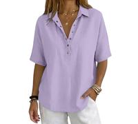 Chemisier Femme Haut Blouse Liquette Surchemise Chic Élégant Boheme Décontracté Ample Lâche Grande Taille Couleur Unie Manches Courtes Col à Revers Classique Boutonnée Coton Léger Respirant pour Été